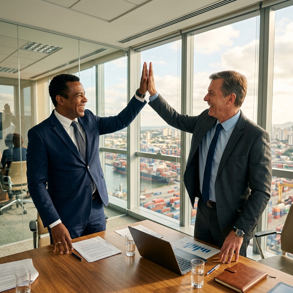 Executives closing a Brazilian export supply agreement